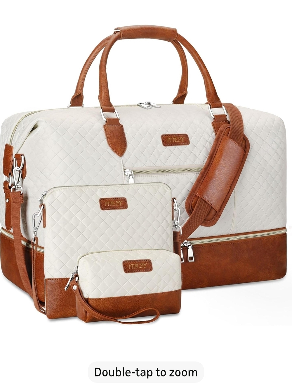 Travel Duffel Bag Set in Cream and Brown - Quilted Weekender